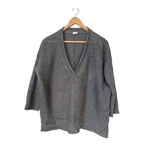 Poetry Grey 100% Linen Loose Knit V-Neck Mixed Media Sweater Top US 8/10